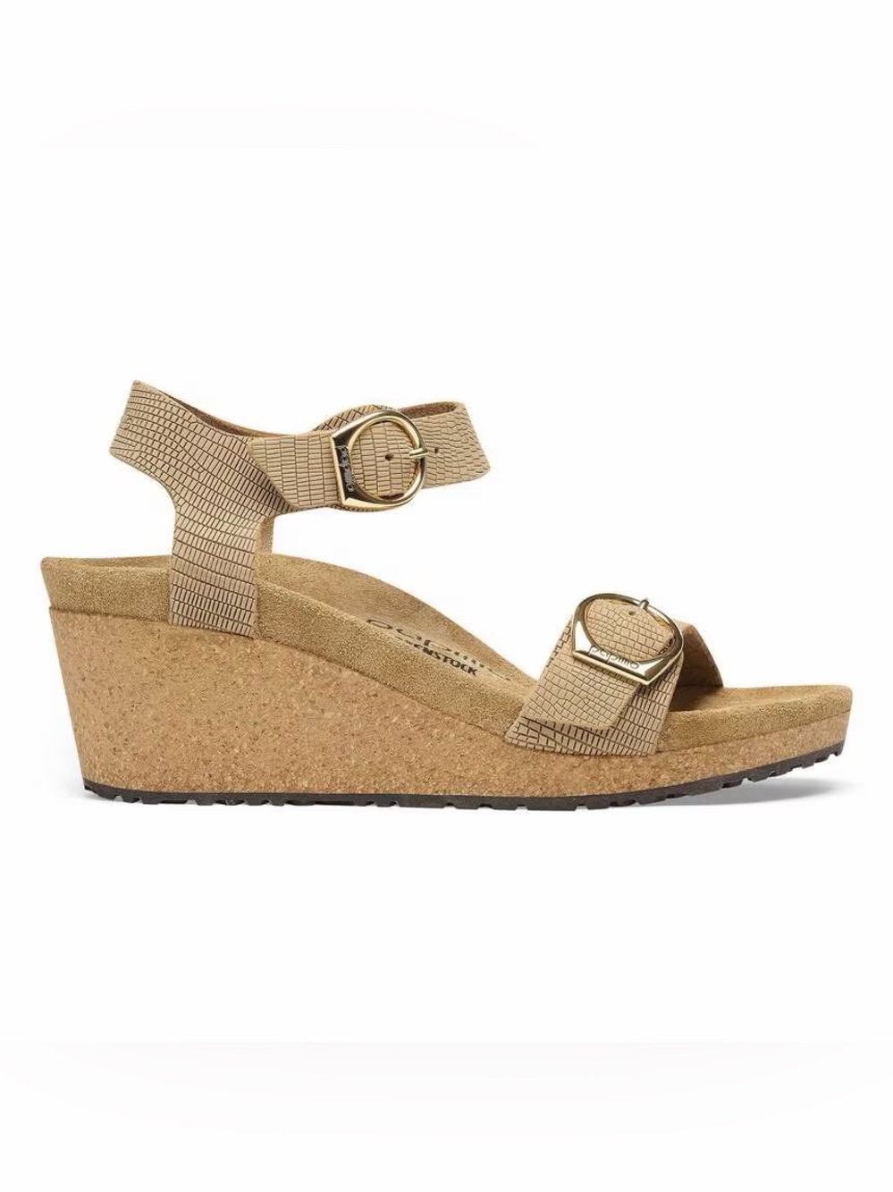 Birkenstock/Papillo Soley Wedge Embossed Leather Sandcastle Gold Buckles - Picture 3 of 6